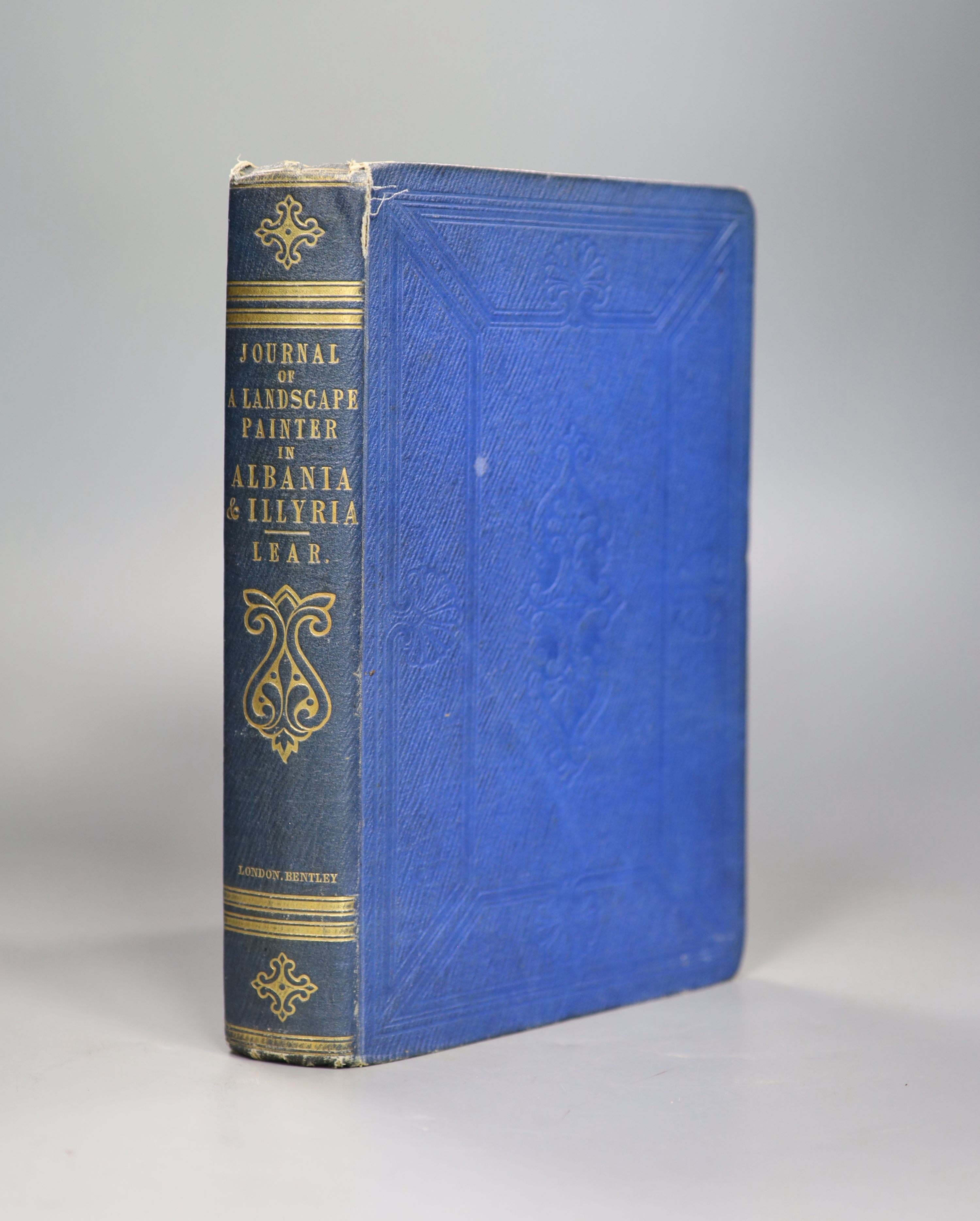 Lear, Edward - Journals of a Landscape Painter in Albania, 1st edition, original blind stamp blue cloth, gilt titles, spine bumped, tear to upper front hinge, with litho map and 20 tinted litho plates, Richard Bentley, L